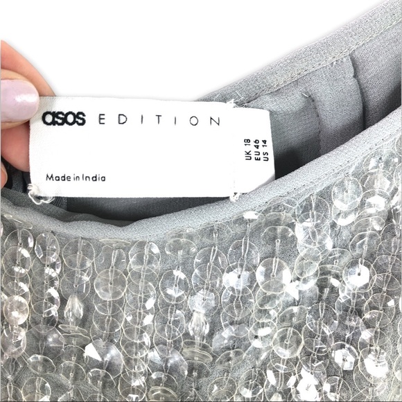 NWT - ASOS EDITION - sequin & crystal fringe midi skirt in gray - 14 - Picture 6 of 10